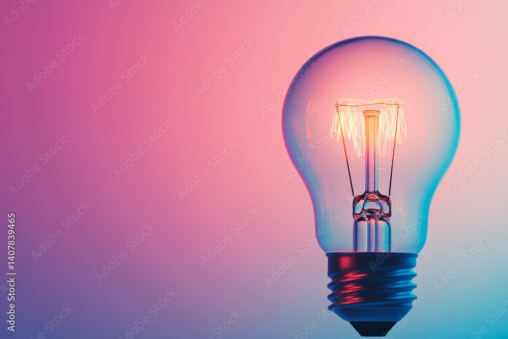 A glowing light bulb shines brightly against a gradient background. This modern image captures innovation and creativity. Perfect for business, technology, or artistic themes. AI