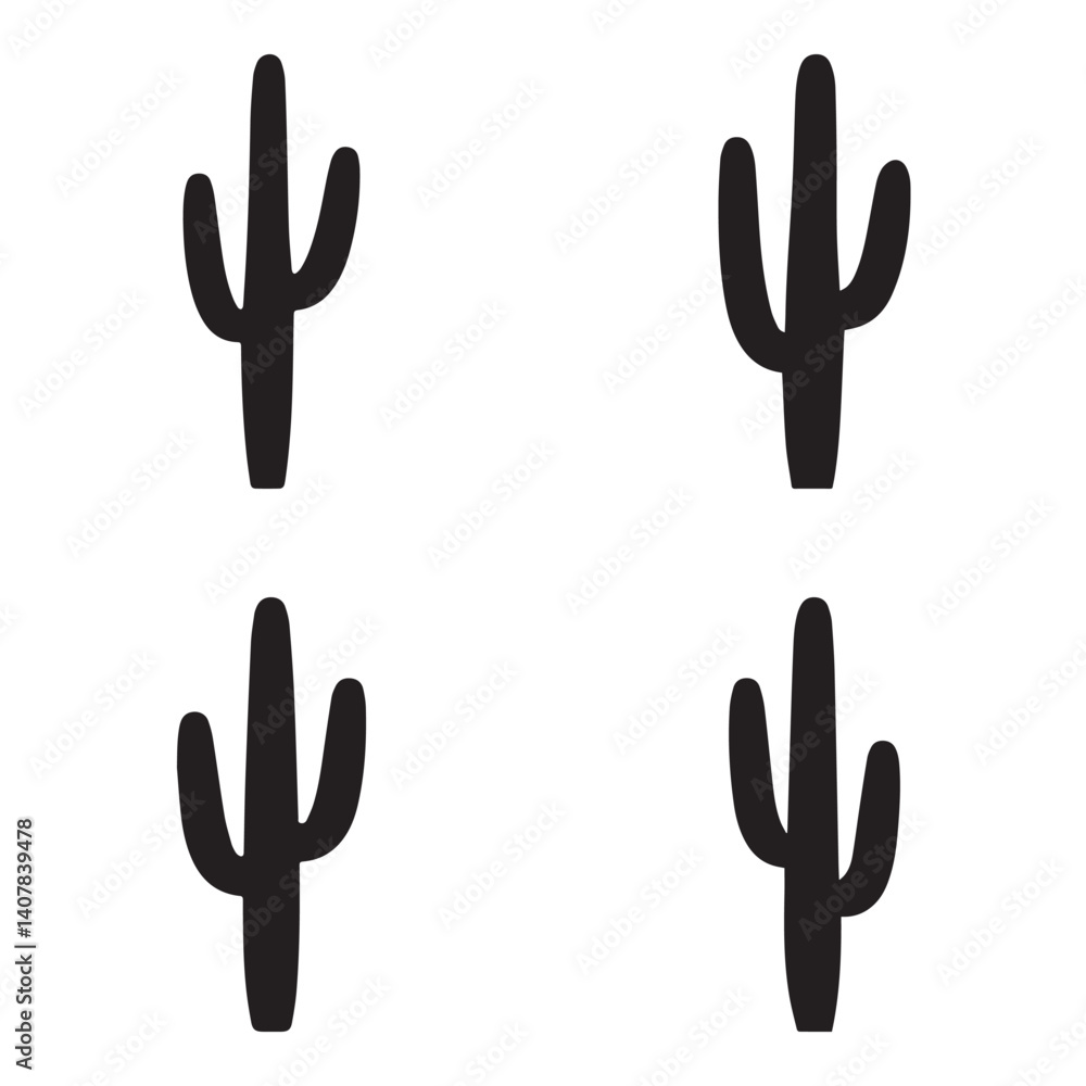 Fototapeta premium Four stylized, black silhouette cactus images against a plain white background.