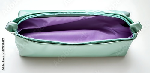 Wallpaper Mural A mint green cosmetic bag with purple lining, unzipped and open. Web banner with copy space on the right Torontodigital.ca