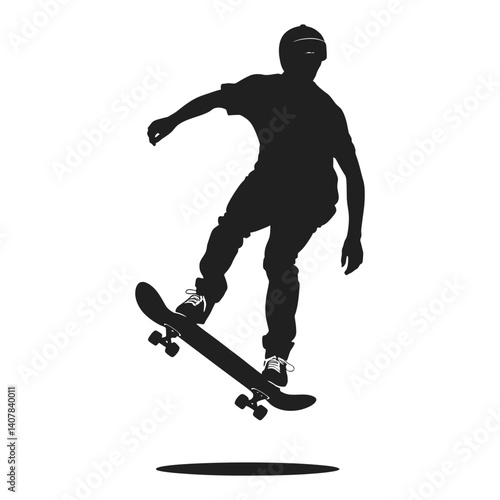 A dynamic silhouette of a skateboarder executing a trick in mid-air.