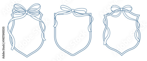 Wedding crests on white background. Minimalist outline of a shield with ribbon and bow monogram. Line art for wedding, monogram, invitation, greeting, logo, birthday cards