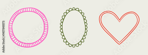 Set of elegant whimsical hand-drawn pink blue orange green color frames with wavy squiggle curly ribbons in trendy, vintage styles. Perfect for quirky holiday, wedding, birthday gift decorations