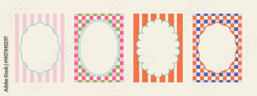 Set of spring whimsical hand-drawn pink blue orange green color frames with wavy stripes and line in trendy, vintage styles. Perfect for quirky holiday, wedding, birthday gift decorations.