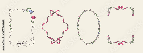 Set of spring whimsical hand-drawn pink blue orange green color frames with flowers and bows in trendy, vintage styles. Perfect for quirky holiday, wedding, birthday gift decorations.