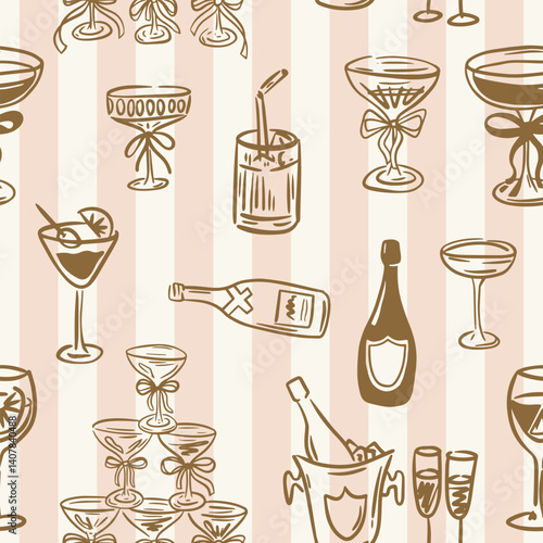 Whimsical hand-drawn italian aesthetic seamless pattern illustration in trendy vintage style. Perfect for quirky wedding holiday, dinner and bar menu, bachelorette party, birthday invitation, sign