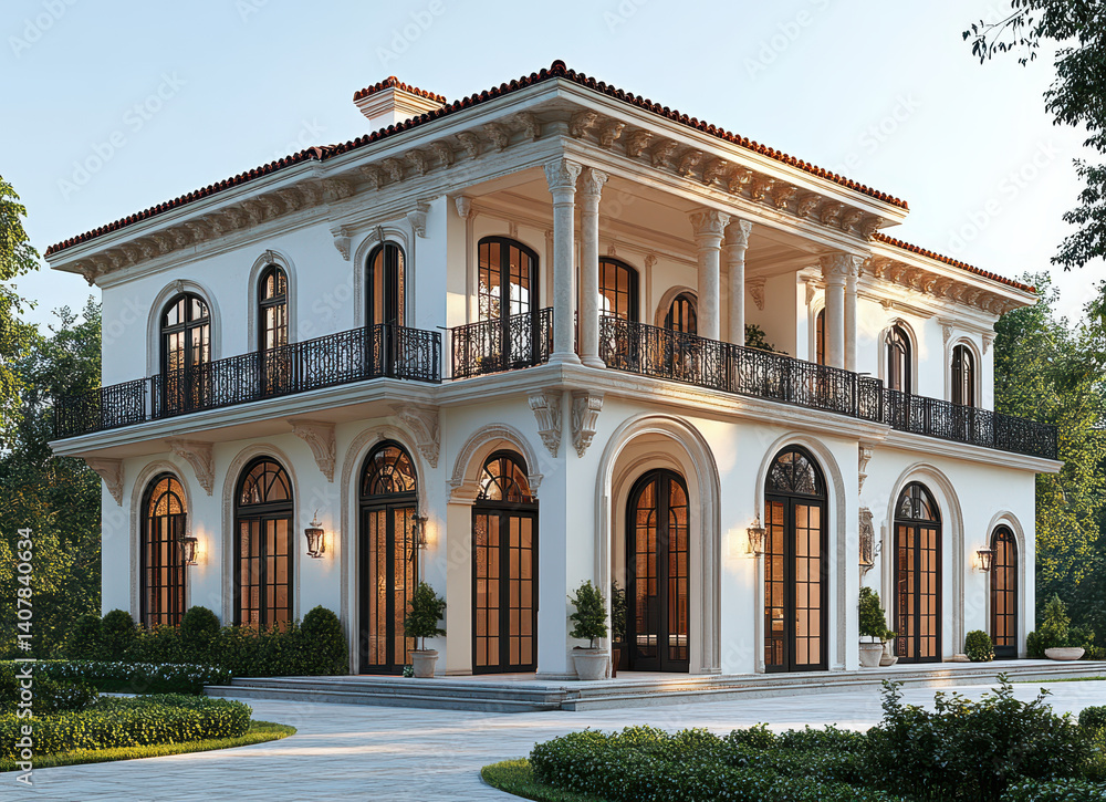 Elegant Mediterranean Style Luxury Villa with Arched Windows and Balconies Surrounded by Lush Greenery in Daylight Elegant Mediterranean Style Luxury Villa with Arched Windows and Balconies Surrounded by Lush Greenery in Daylight