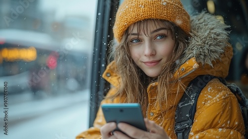 Young Woman on Bus in Snow