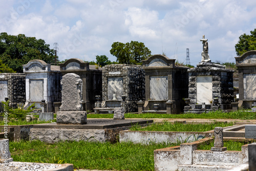 New Orleans raised cemetery with above ground tombstones, angels, and crosses. The graveyard has rich textured tombstones of marble and granite on a lot that is overgrown with ferns and moss. 