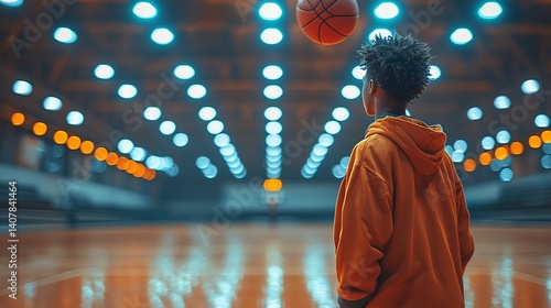 Youth in gym, basketball court, thoughtful