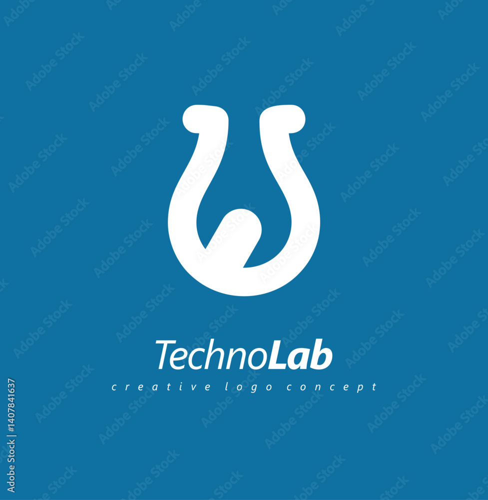 Fototapeta premium Techno lab simple logo design concept with chemistry flask and wrench tool in negative space. Vector logo idea.