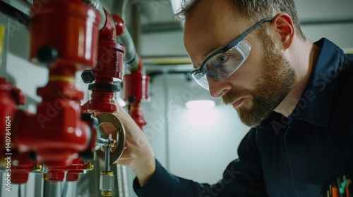 Fire protection specialist inspecting a sprinkler system installation. Featuring safety and fire prevention