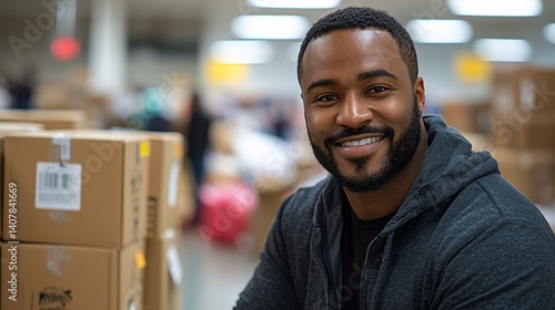 African Man Smiles in Warehouse