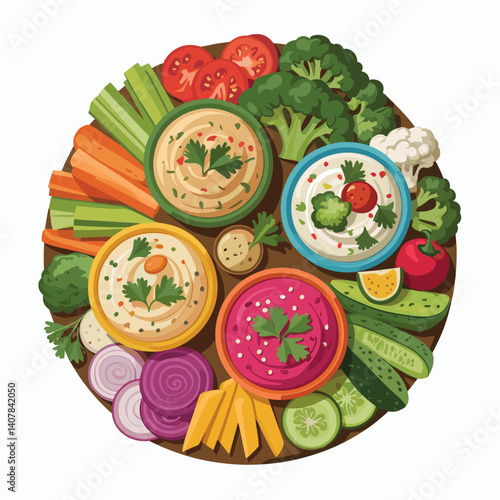 Trio of Dips Crudité Board with Fresh Vegetables and Hummus