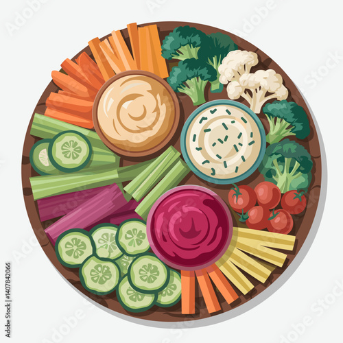 Trio of Dips Crudité Board with Fresh Vegetables and Hummus