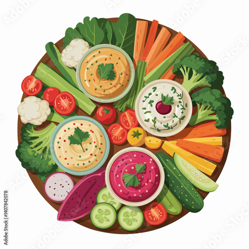 Trio of Dips Crudité Board with Fresh Vegetables and Hummus