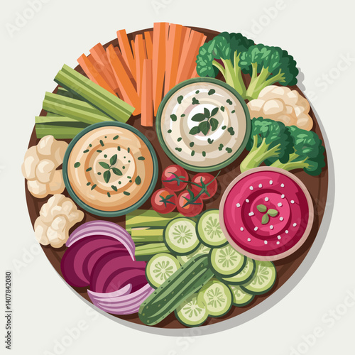Trio of Dips Crudité Board with Fresh Vegetables and Hummus