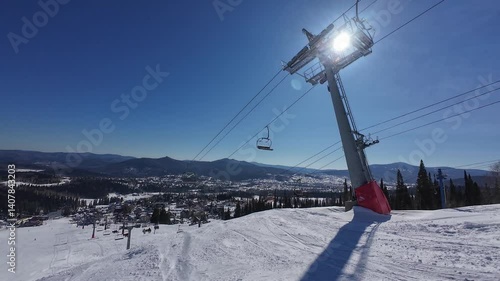 Cable car at the ski resort in Sheregesh. Active winter recreation in nature.