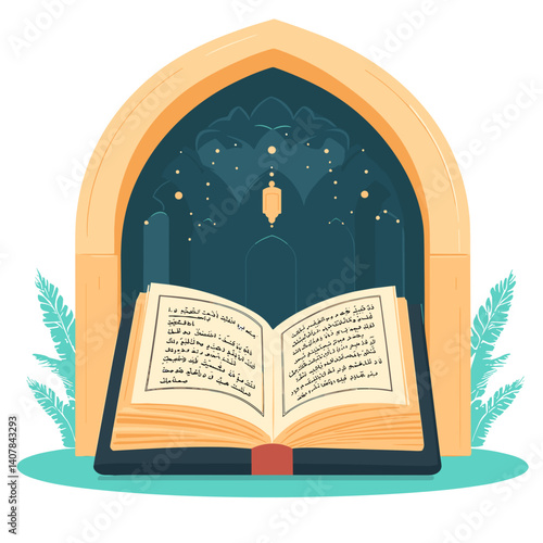 Open Quran in arch with lantern and stars illustration

