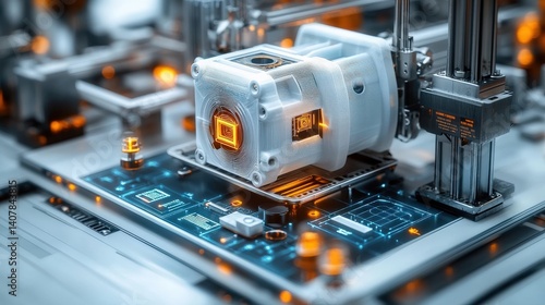 Futuristic robotic camera assembly on a high-tech circuit board in a modern workshop environment