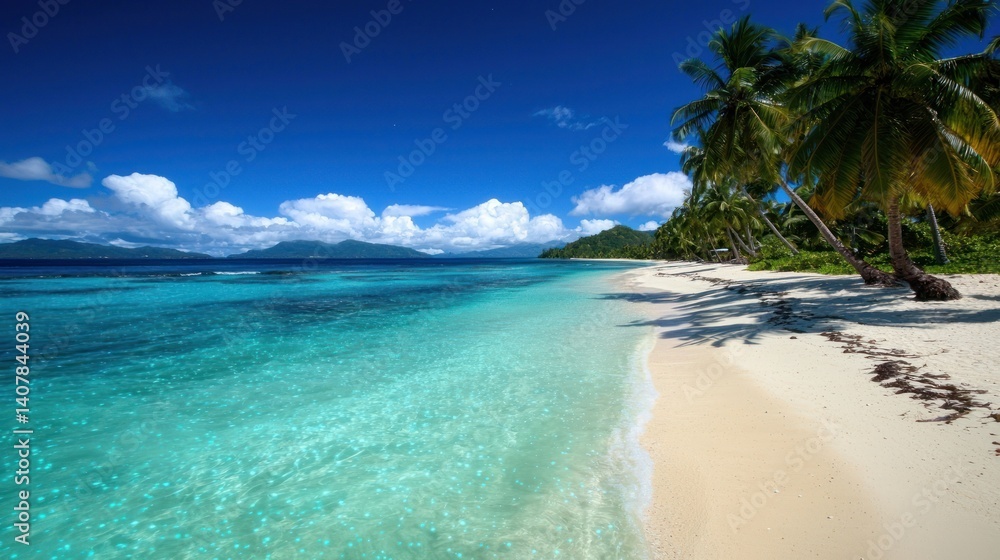 Fototapeta premium Tropical Island Beach, turquoise water, palm trees, and distant mountains. Ideal for vacation, travel, or relaxation imagery