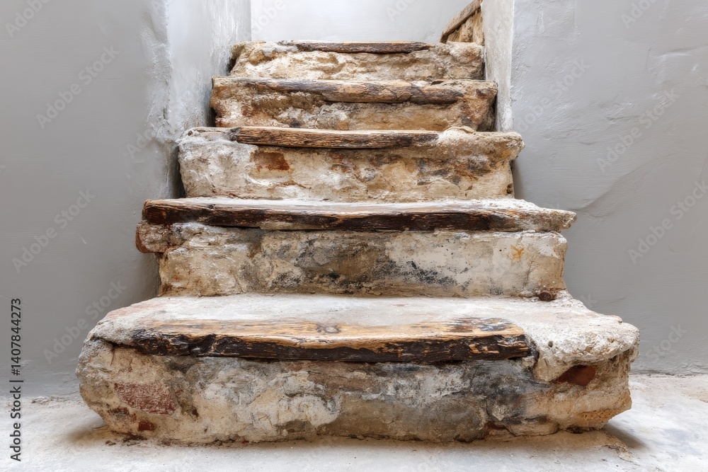 Rustic stone and wooden steps leading up in a historic building restoration project during daylight Rustic stone and wooden steps leading up in a historic building restoration project during daylight