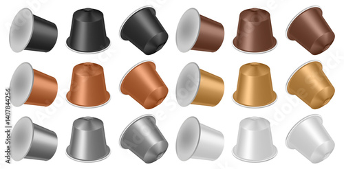 Set of black, brown, gold, silver and white coffee capsules. Realistic packaging mockup.	