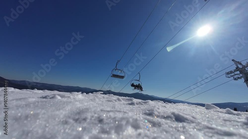 Cable car at the ski resort in Sheregesh. Active winter recreation in nature.