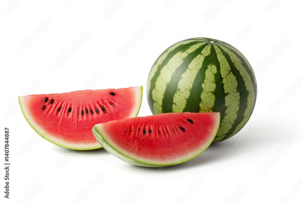 Whole watermelon with two juicy red slices, isolated on a white background Whole watermelon with two juicy red slices, isolated on a white background