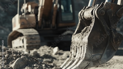 Heavy machinery operator maneuvering an excavator at a construction site. Featuring control and focus