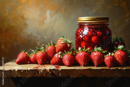 Fresh Strawberry Jam in Mason Jar Surrounded by Organic Fresh Strawberries with Blurred Background