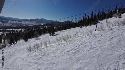 Cable car at the ski resort in Sheregesh. Active winter recreation in nature.