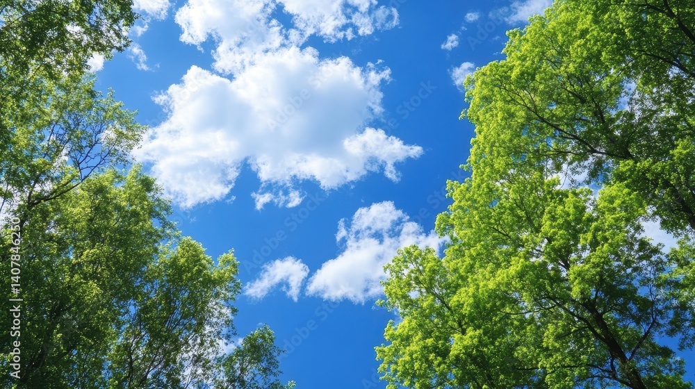 Trees Blue Sky. A Summer Landscape of Green Trees under a Cloudy Blue Sky Trees Blue Sky. A Summer Landscape of Green Trees under a Cloudy Blue Sky