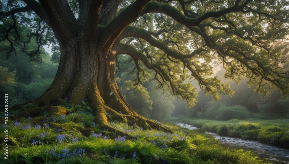 Fototapeta premium Majestic oak tree in serene forest with sunlight filtering throught the leaves.