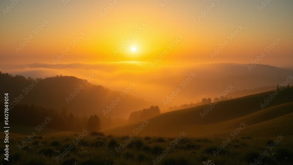 Early summer morning landscape with rolling hills covered in soft mist. Golden rays of sunlight pierce through the fog, creating a peaceful and uplifting rural scene. Perfect for themes of nature, tra Early summer morning landscape with rolling hills covered in soft mist. Golden rays of sunlight pierce through the fog, creating a peaceful and uplifting rural scene. Perfect for themes of nature, tra