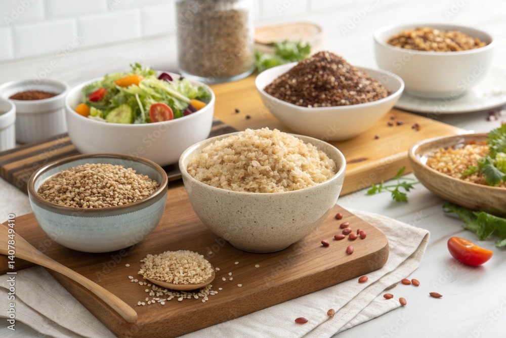 Wholesome Grains Textures of Health explores the diverse textures and nutritional benefits of grains in culinary creations. From hearty whole grains like quinoa and brown rice - generated by ai Wholesome Grains Textures of Health explores the diverse textures and nutritional benefits of grains in culinary creations. From hearty whole grains like quinoa and brown rice - generated by ai