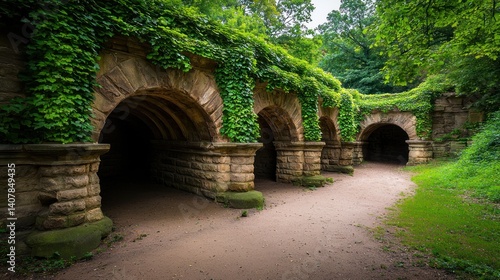 Stone arches overgrown with ivy in a park, pathway