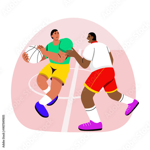 A flat style illustration of a basketball match