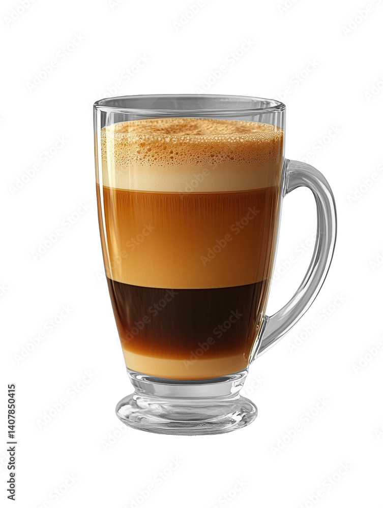 A long glass coffee cup filled with hot espresso, high-detail photography style on pure white background perfect for di-cut. A long glass coffee cup filled with hot espresso, high-detail photography style on pure white background perfect for di-cut.