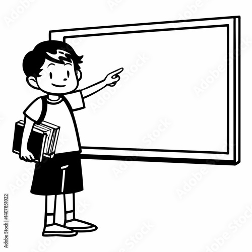 Line Art Smiling little boy pointing at copy space in casual clothes with books for studing at school