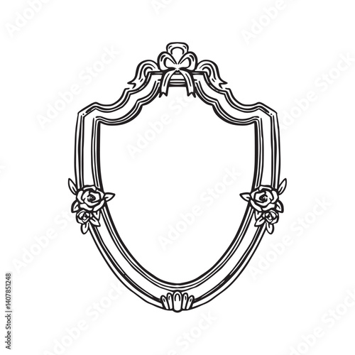 A pretty baroque shaped frame with a bow and roses. Black and white hand drawn sketch of a gilt gold frame. Vector.