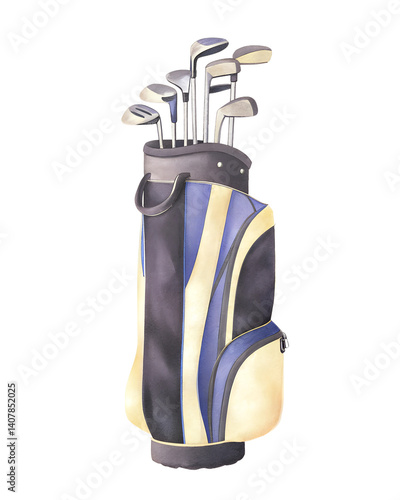 Watercolor illustration of a golf bag with clubs on transparent background.