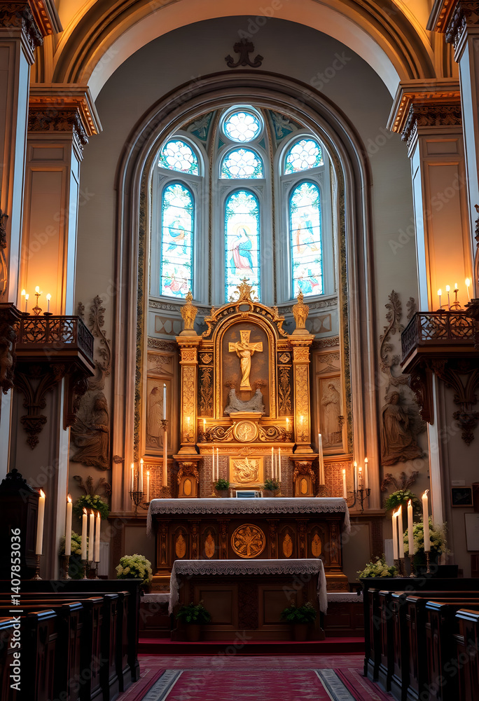 Fototapeta premium church with a large alter and stained glass windows
