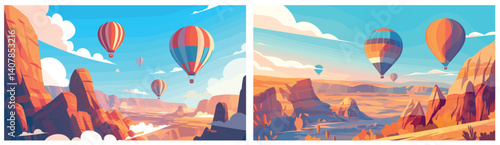 air balloon in the sky. tourist aerostat background set, desert grand canyon mountains rocks sky flight travel tourism vector illustration