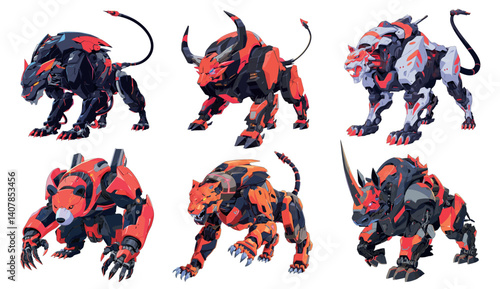 animals robots cartoon. panther bull bear jaguar rhinoceros white tiger robot, cyborg predator beast game technology mechanical bionic character fantasy set vector illustration