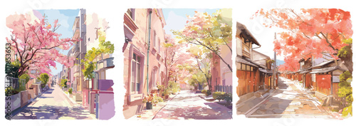 blooming sakura watercolor. pink spring trees in city landscape background set, season urban march japan china korea vector illustration