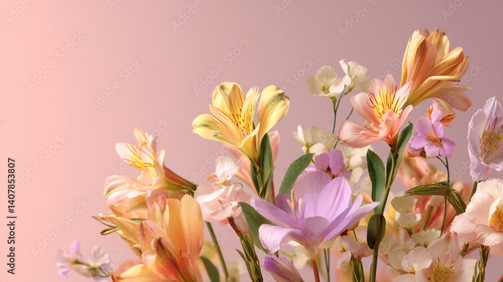 Fototapeta premium Easter decoration chick ornaments festive banners. Beautiful Bouquet of Pastel Flowers Alstroemeria and Crocus on a Pink Background Studio Shot.