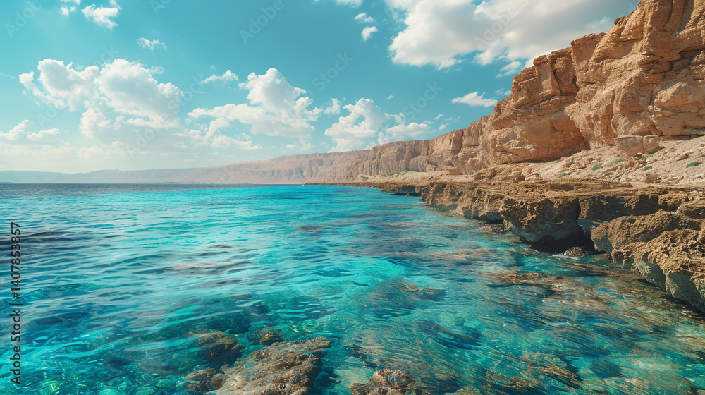 A serene scene of the Red Sea coastline, featuring crystal-clear turquoise waters, vibrant coral reefs visible beneath the surface, and golden cliffs framing the shore. A serene scene of the Red Sea coastline, featuring crystal-clear turquoise waters, vibrant coral reefs visible beneath the surface, and golden cliffs framing the shore.
