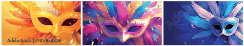 carnival masks background. gold pink blue masquerade mask, holiday mysterious bright brazil mexico feathers theater opera vector illustration