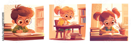 children reading cartoon set. kid with book at table background, schoolboy schoolgirl girl boy school education learning literature lessons warm vector illustration