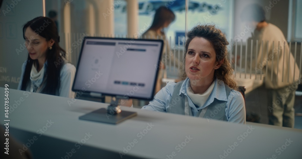 Naklejka premium Airport Check-in Counter: Female Airline Agent Checks Passenger Biometric Data for Flight. Man Puts Finger on Touch Screen for Identification by Scanning Fingerprint. International Airport Terminal.